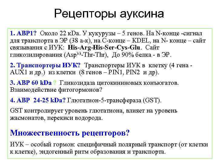 Рецепторы ауксина 1. ABP 1? Около 22 к. Da. У кукурузы – 5 генов.