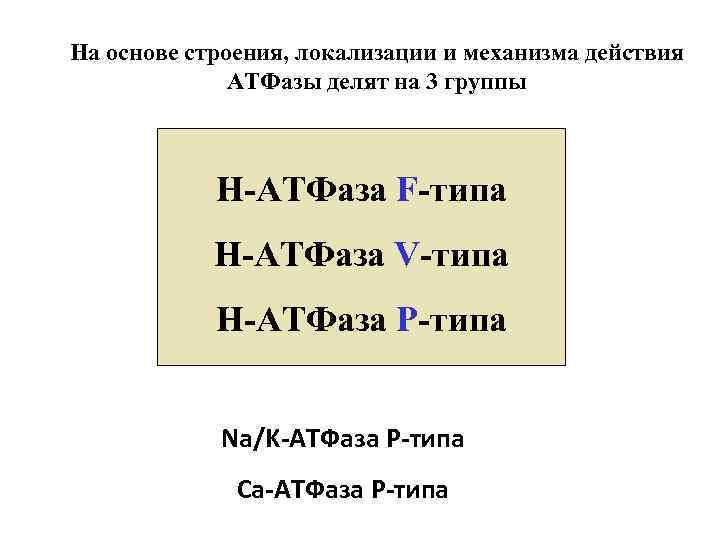 На основе строения, локализации и механизма действия АТФазы делят на 3 группы Н-АТФаза F-типа