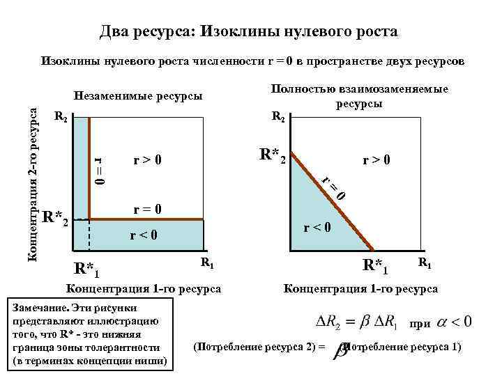 Два ресурса: Изоклины нулевого роста численности r = 0 в пространстве двух ресурсов R