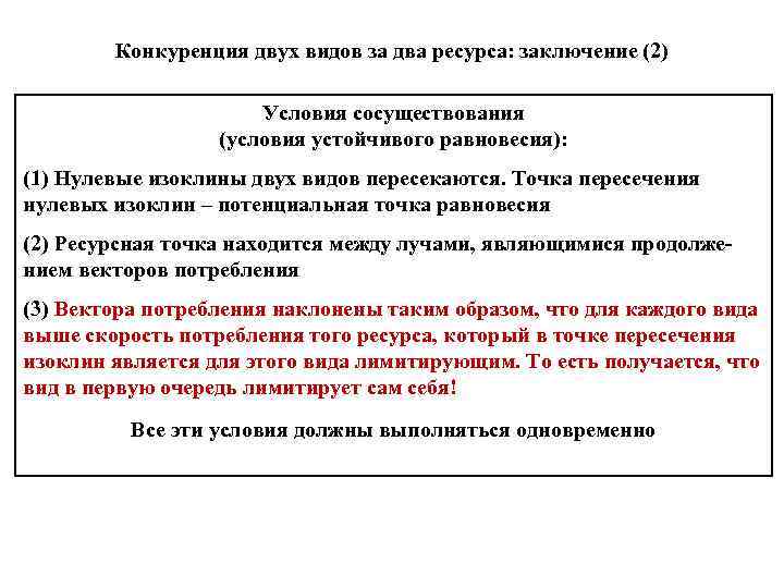 Конкуренция двух видов за два ресурса: заключение (2) Условия сосуществования (условия устойчивого равновесия): (1)