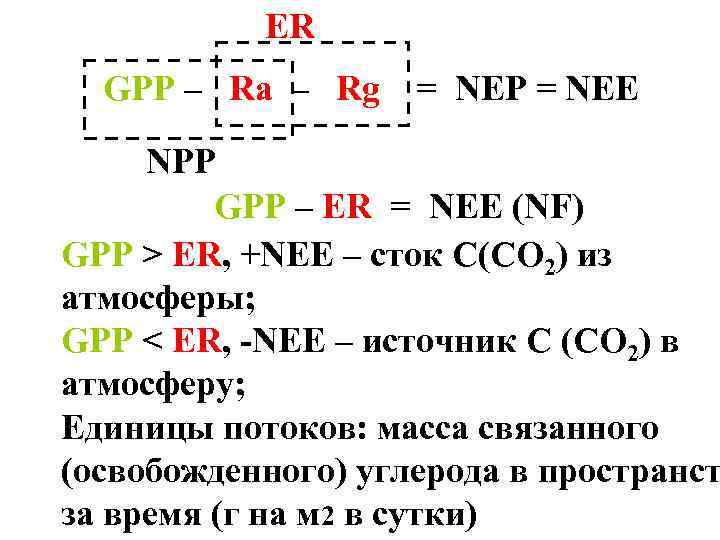 ER GPP – Ra – Rg = NEP = NEE NPP GPP – ER