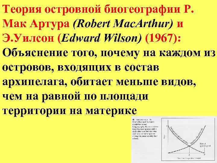 Теория островной биогеографии Р. Мак Артура (Robert Mac. Arthur) и Э. Уилсон (Edward Wilson)