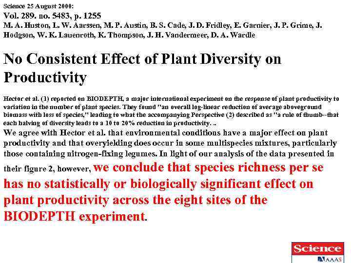 Science 25 August 2000: Vol. 289. no. 5483, p. 1255 M. A. Huston, L.