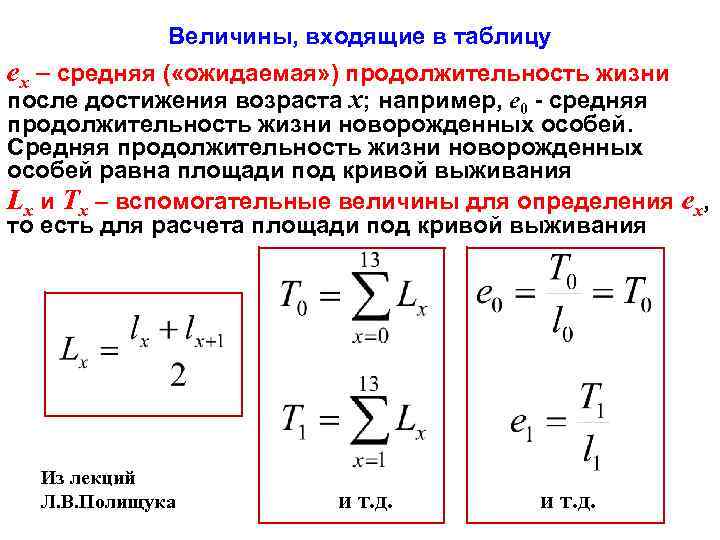 Величины, входящие в таблицу выживания (3) ex – средняя ( «ожидаемая» ) продолжительность жизни