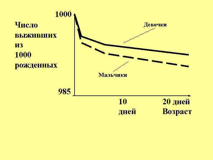 1000 Число выживших из 1000 рожденных Девочки Мальчики 985 10 дней 20 дней Возраст