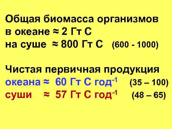 Общая биомасса организмов в океане ≈ 2 Гт С на суше ≈ 800 Гт