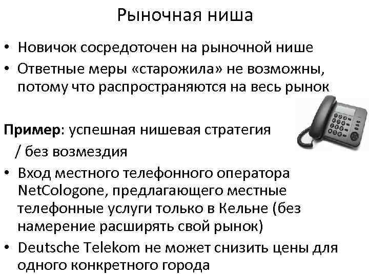 Рыночная ниша • Новичок сосредоточен на рыночной нише • Ответные меры «старожила» не возможны,