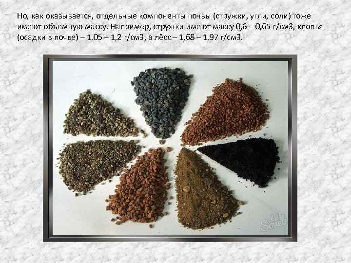 Но, как оказывается, отдельные компоненты почвы (стружки, угли, соли) тоже имеют объемную массу. Например,