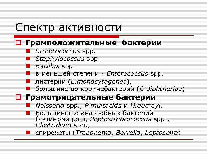 Спектр активности o Грамположительные бактерии n n n Streptococcus spp. Staphylococcus spp. Bacillus spp.