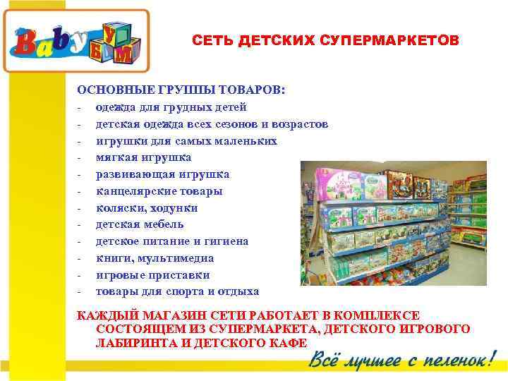 СЕТЬ ДЕТСКИХ СУПЕРМАРКЕТОВ ОСНОВНЫЕ ГРУППЫ ТОВАРОВ: - одежда для грудных детей - детская одежда