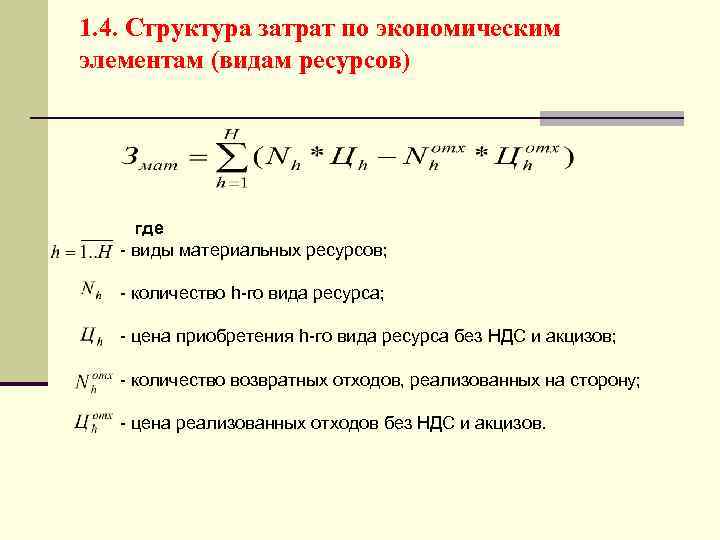 1. 4. Структура затрат по экономическим элементам (видам ресурсов) где - виды материальных ресурсов;