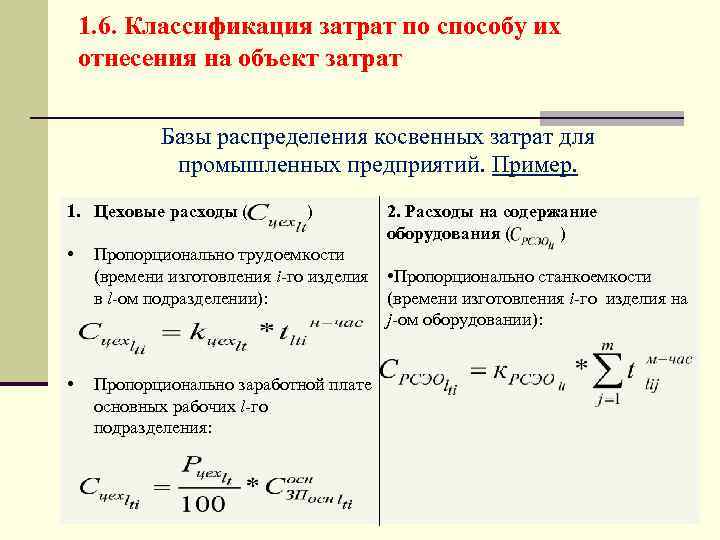 1. 6. Классификация затрат по способу их отнесения на объект затрат Базы распределения косвенных