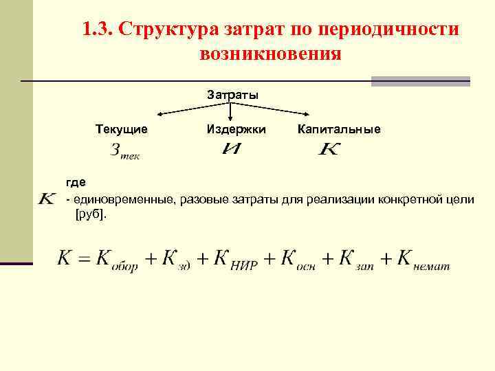 1. 3. Структура затрат по периодичности возникновения Затраты Текущие Издержки Капитальные где - единовременные,