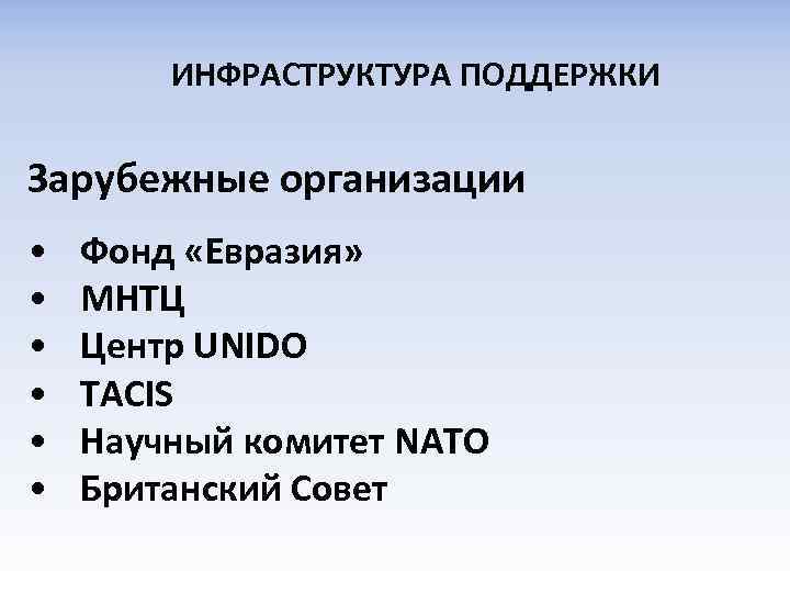 ИНФРАСТРУКТУРА ПОДДЕРЖКИ Зарубежные организации • • • Фонд «Евразия» МНТЦ Центр UNIDO TACIS Научный