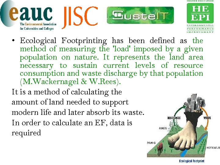  • Ecological Footprinting has been defined as the method of measuring the 'load'