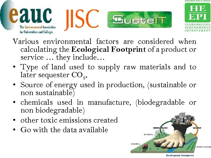 Various environmental factors are considered when calculating the Ecological Footprint of a product or