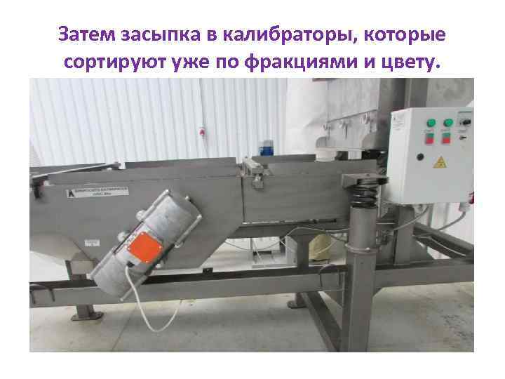 Затем засыпка в калибраторы, которые сортируют уже по фракциями и цвету. 