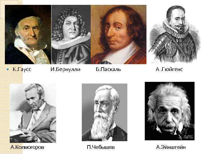  К. Гаусс А. Колмогоров И. Бернулли Б. Паскаль П. Чебышев А. Гюйгенс А.