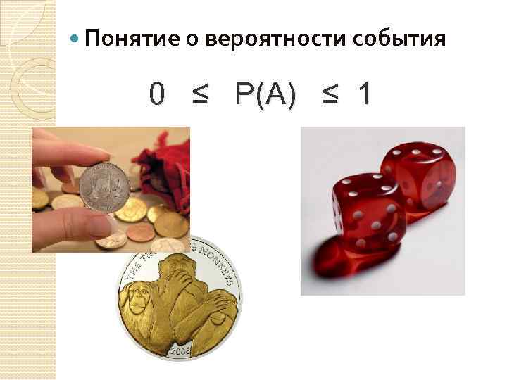  Понятие о вероятности события 0 ≤ Р(А) ≤ 1 