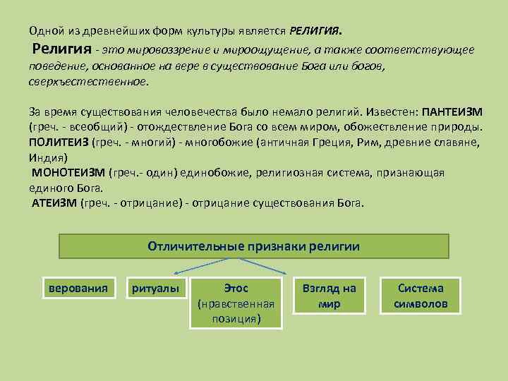 Одной из древнейших форм культуры является РЕЛИГИЯ. Религия - это мировоззрение и мироощущение, а
