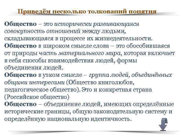 Приведём несколько толкований понятия Общество – это исторически развивающаяся совокупность отношений между людьми, складывающаяся