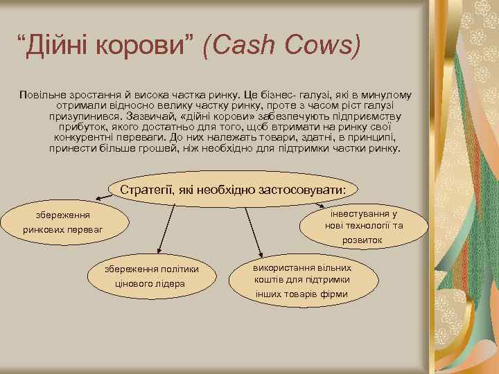 “Дійні корови” (Cash Cows) Повільне зростання й висока частка ринку. Це бізнес- галузі, які