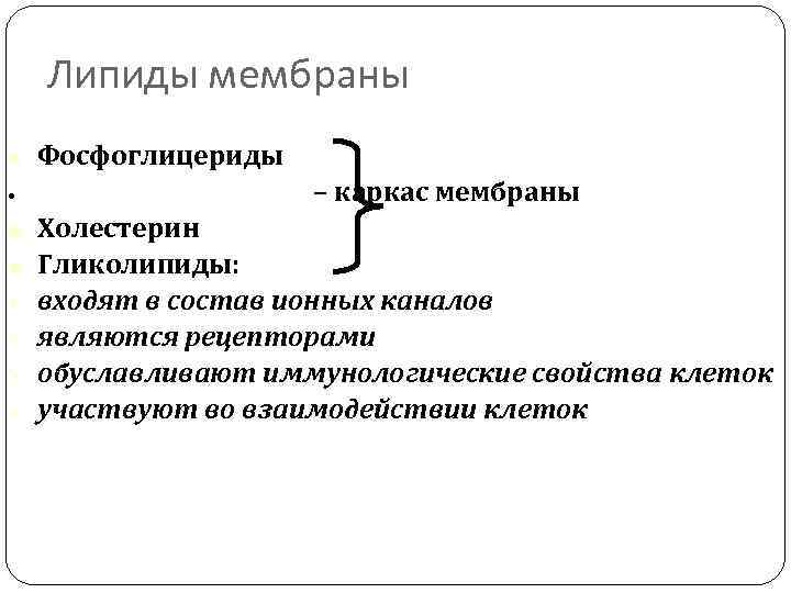 Липиды мембраны • Фосфоглицериды – каркас мембраны Холестерин Гликолипиды: входят в состав ионных каналов