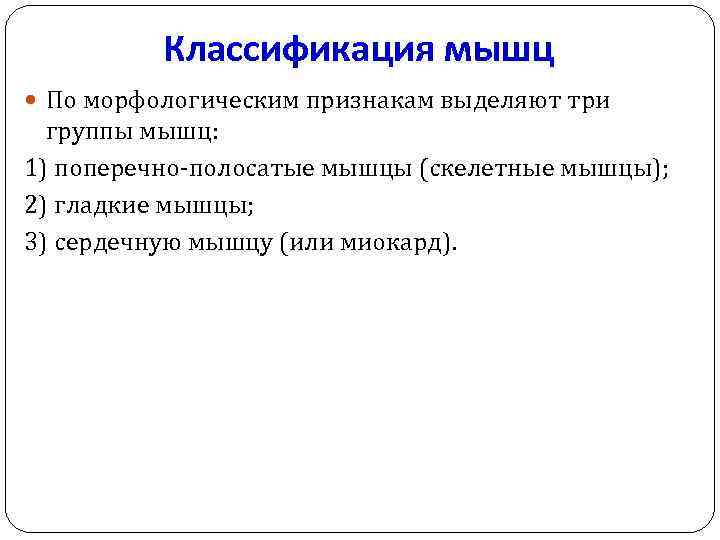 Классификация мышц По морфологическим признакам выделяют три группы мышц: 1) поперечно-полосатые мышцы (скелетные мышцы);