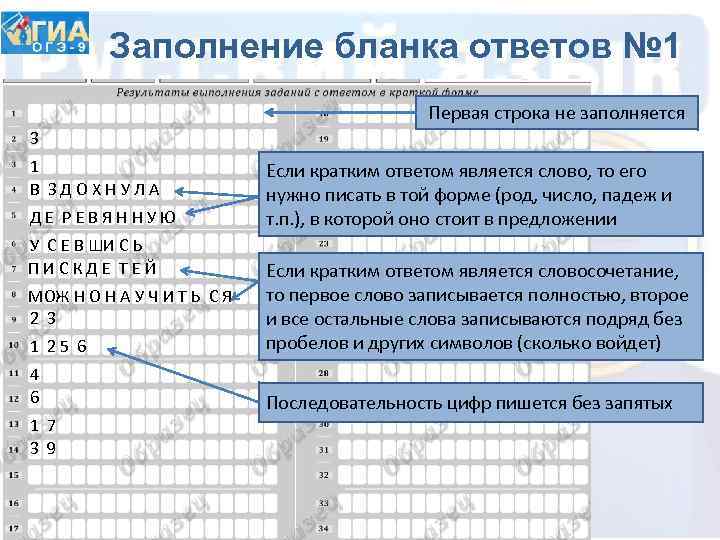 Заполнение бланка ответов № 1 Первая строка не заполняется 3 1 В ЗДОХНУЛА ДЕ