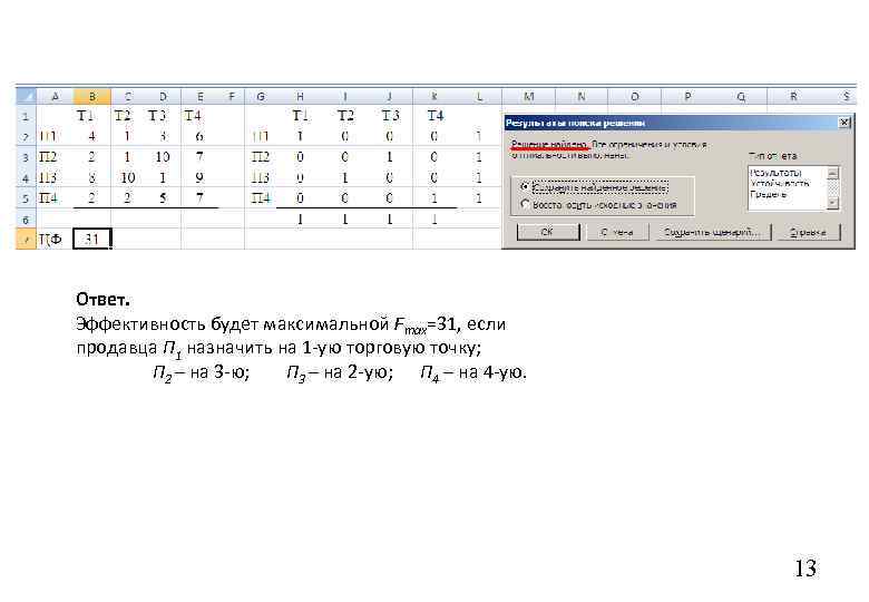 Ответ. Эффективность будет максимальной Fmax=31, если продавца П 1 назначить на 1 -ую торговую