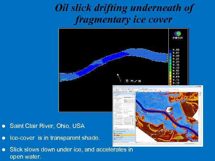 Oil slick drifting underneath of fragmentary ice cover l Saint Clair River, Ohio, USA