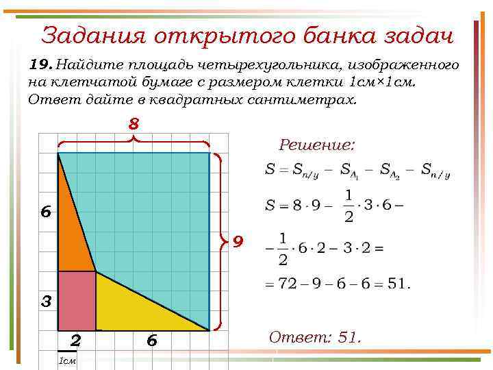 Задания открытого банка задач 19. Найдите площадь четырехугольника, изображенного на клетчатой бумаге с размером