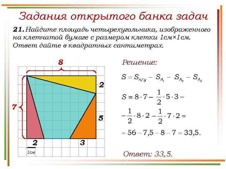 Задания открытого банка задач 21. Найдите площадь четырехугольника, изображенного на клетчатой бумаге с размером