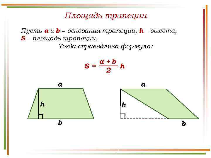 Площадь трапеции Пусть а и b − основания трапеции, h – высота, S −