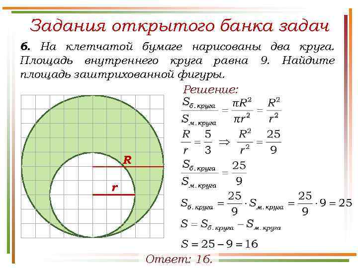 Задания открытого банка задач 6. На клетчатой бумаге нарисованы два круга. Площадь внутреннего круга