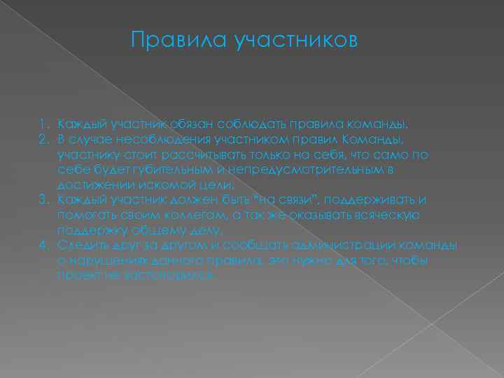 Правила участников 1. Каждый участник обязан соблюдать правила команды. 2. В случае несоблюдения участником