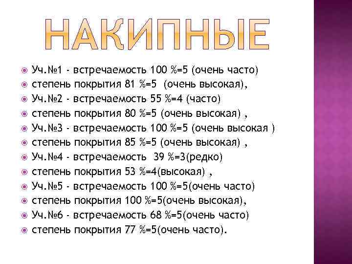  Уч. № 1 - встречаемость 100 %=5 (очень часто) степень покрытия 81 %=5