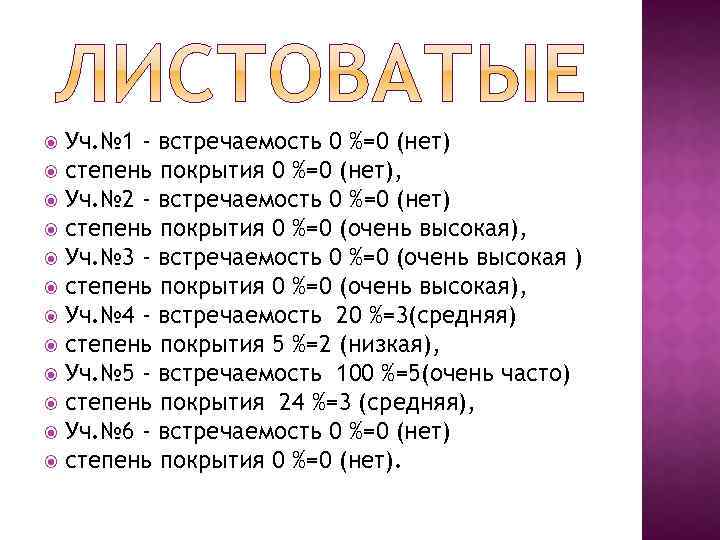 Уч. № 1 - встречаемость 0 %=0 (нет) степень покрытия 0 %=0 (нет), Уч.