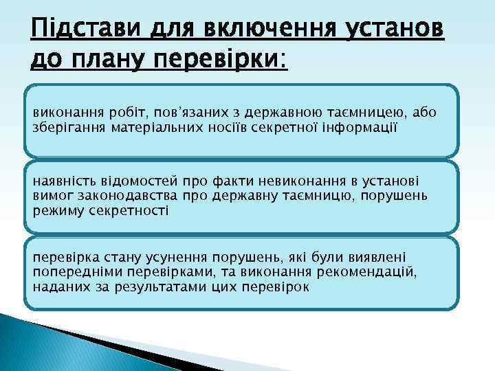 Підстави для включення установ до плану перевірки: виконання робіт, пов’язаних з державною таємницею, або