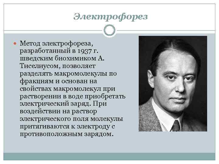 Электрофорез Метод электрофореза, разработанный в 1937 г. шведским биохимиком А. Тиселиусом, позволяет разделять макромолекулы