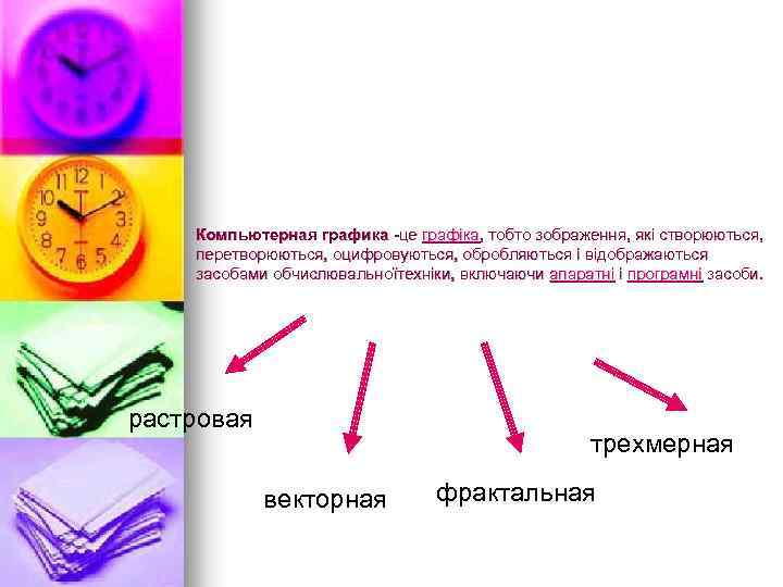 Компьютерная графика -це графіка, тобто зображення, які створюються, перетворюються, оцифровуються, обробляються і відображаються засобами