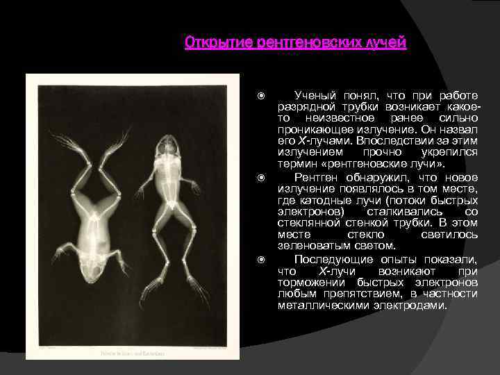 Открытие рентгеновских лучей Ученый понял, что при работе разрядной трубки возникает какоето неизвестное ранее