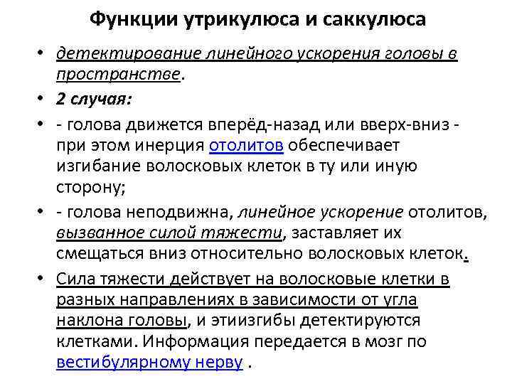 Функции утрикулюса и саккулюса • детектирование линейного ускорения головы в пространстве. • 2 случая: