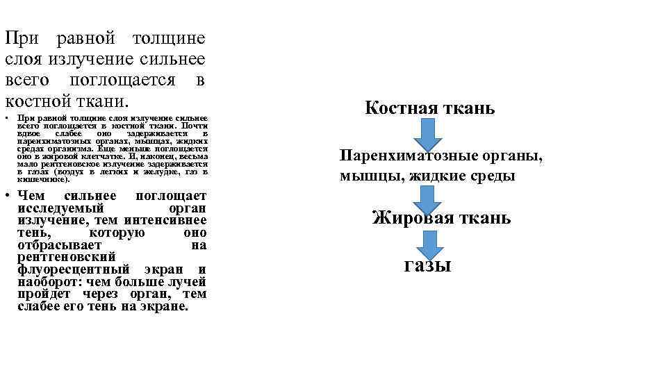 При равной толщине слоя излучение сильнее всего поглощается в костной ткани. • При равной