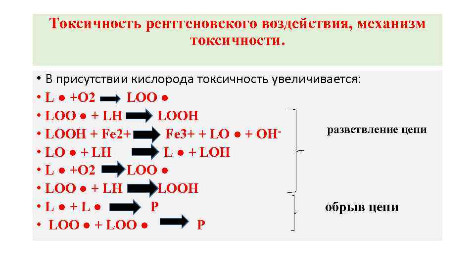 Токсичность рентгеновского воздействия, механизм токсичности. • В присутствии кислорода токсичность увеличивается: • L ●