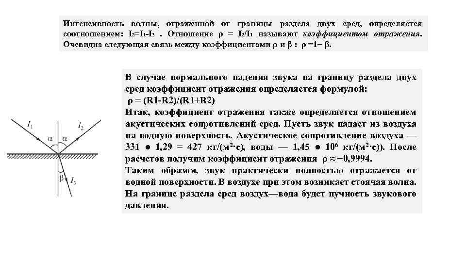 Интенсивность волны, отраженной от границы раздела двух сред, определяется соотношением: I 2=I 1 -I