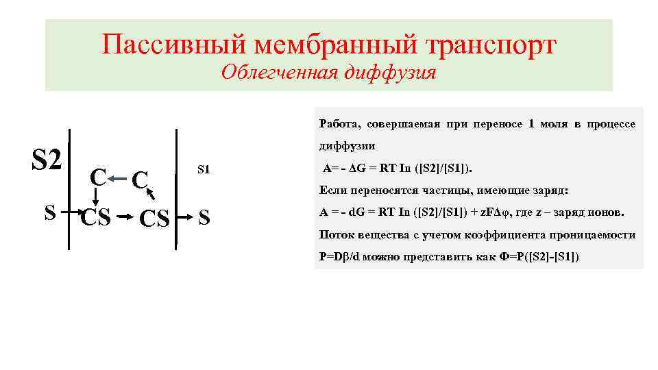 Пассивный мембранный транспорт Облегченная диффузия Работа, совершаемая при переносе 1 моля в процессе S