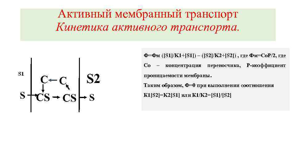 Активный мембранный транспорт Кинетика активного транспорта. Ф=Фм ([S 1]/K 1+[S 1]) – ([S 2]/K