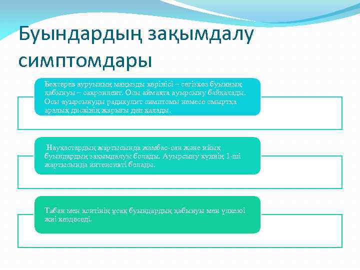 Буындардың зақымдалу симптомдары Бехтерев ауруының маңызды көрінісі – сегізкөз буынның қабынуы – сакроилеит. Осы