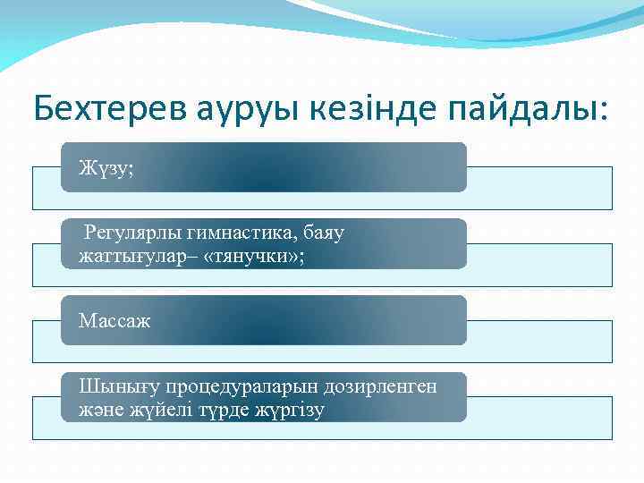 Бехтерев ауруы кезінде пайдалы: Жүзу; Регулярлы гимнастика, баяу жаттығулар– «тянучки» ; Массаж Шынығу процедураларын